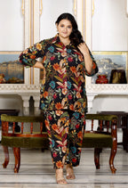 Plus Size Black Cotton Floral Print Co-ord Set -1200016