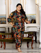 Plus Size Black Cotton Floral Print Co-ord Set -1200016