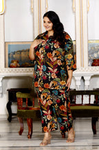 Plus Size Black Cotton Floral Print Co-ord Set -1200016