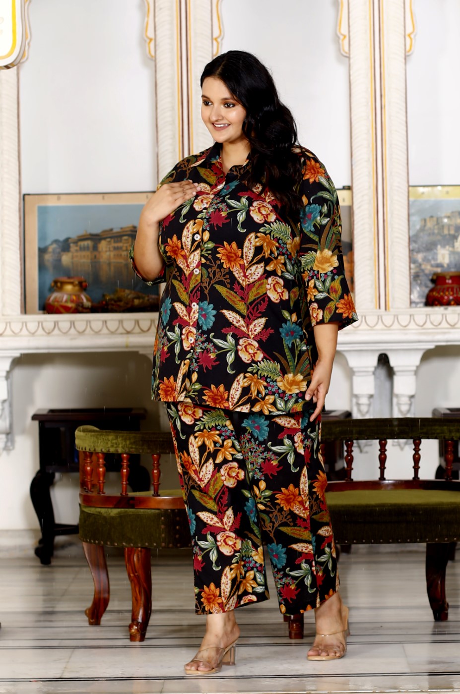 Plus Size Black Cotton Floral Print Co-ord Set -1200016