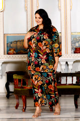 Plus Size Black Cotton Floral Print Co-ord Set -1200016