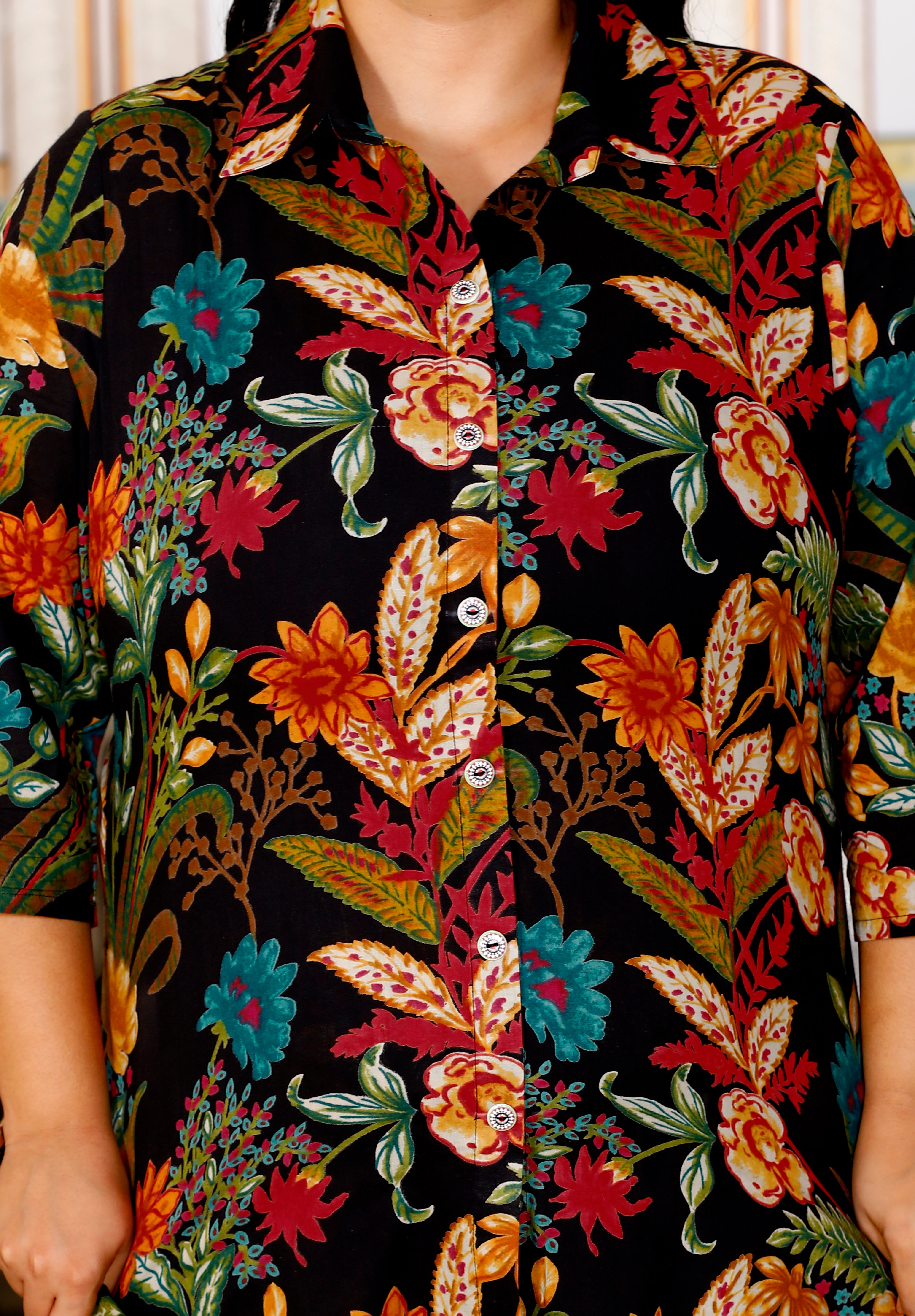 Plus Size Black Cotton Floral Print Co-ord Set -1200016