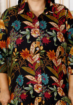 Plus Size Black Cotton Floral Print Co-ord Set -1200016