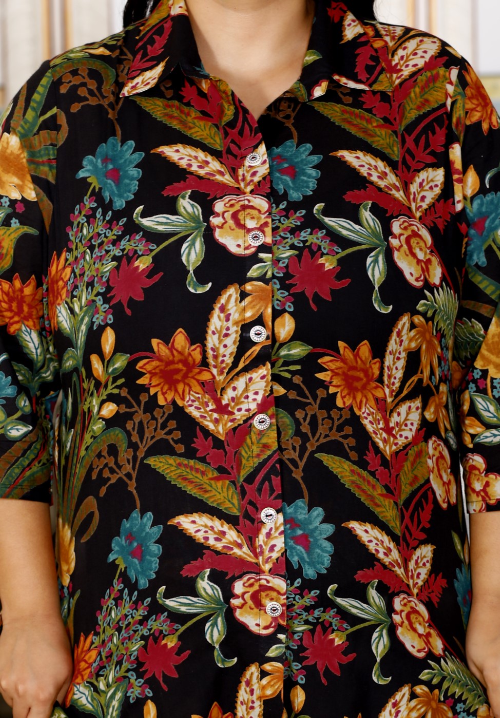 Plus Size Black Cotton Floral Print Co-ord Set -1200016