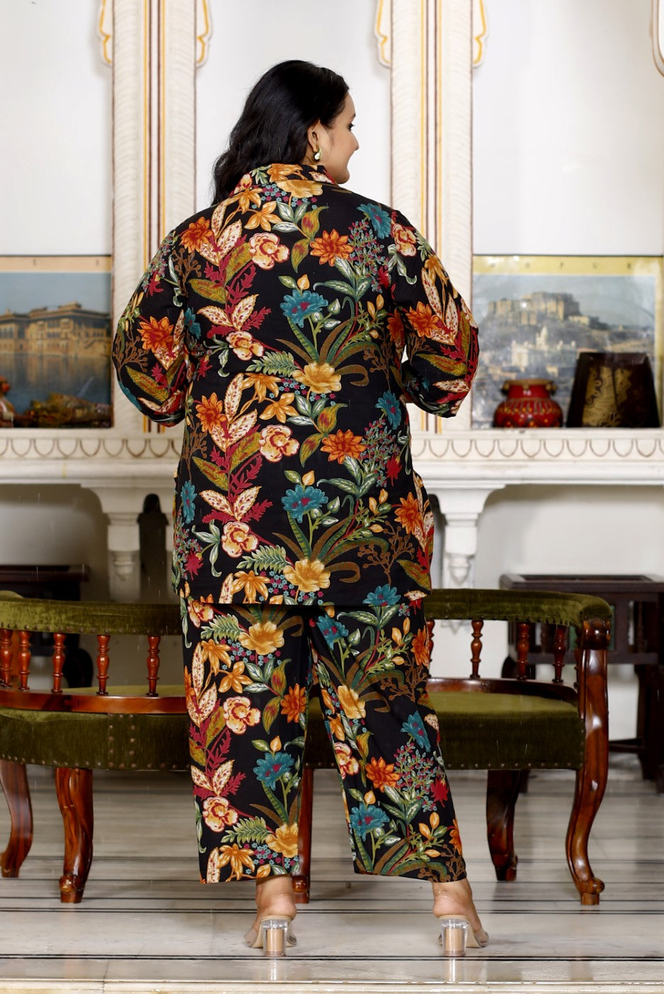 Plus Size Black Cotton Floral Print Co-ord Set -1200016