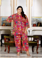Plus Size Pink Cotton Floral Print Co-ord Set -1200017