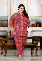 Plus Size Pink Cotton Floral Print Co-ord Set -1200017