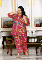 Plus Size Pink Cotton Floral Print Co-ord Set -1200017