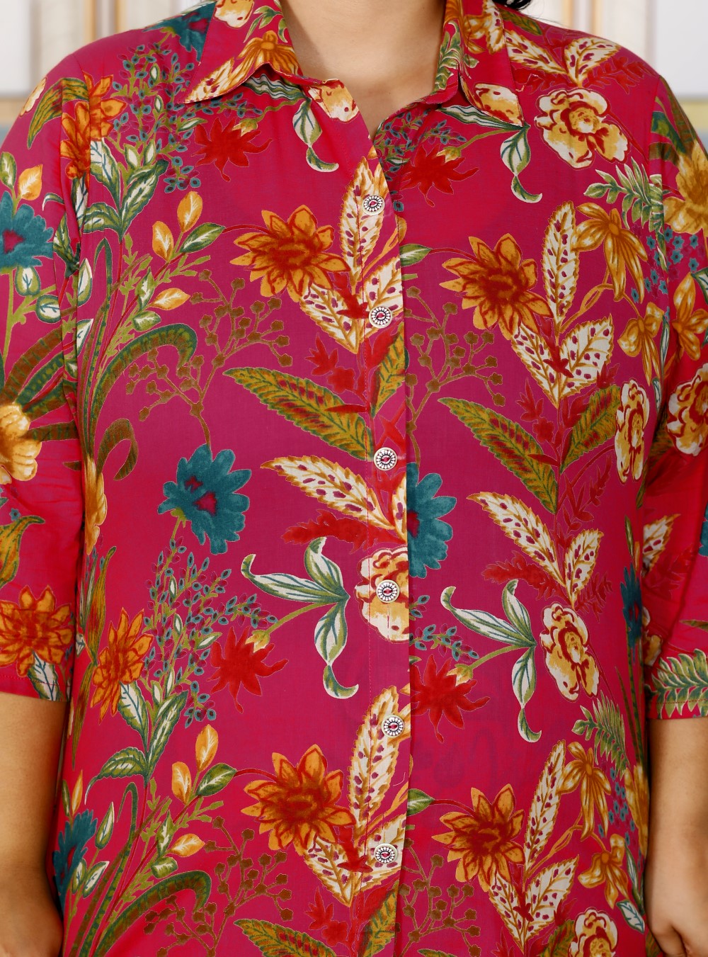 Plus Size Pink Cotton Floral Print Co-ord Set -1200017