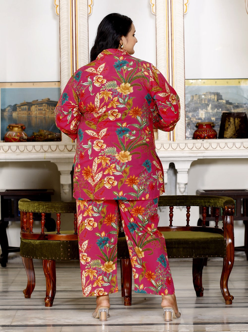 Plus Size Pink Cotton Floral Print Co-ord Set -1200017