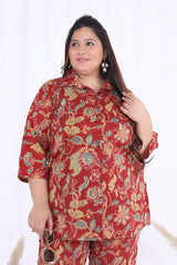Plus Size Red Cotton Floral Print Co-ord Set -1200018