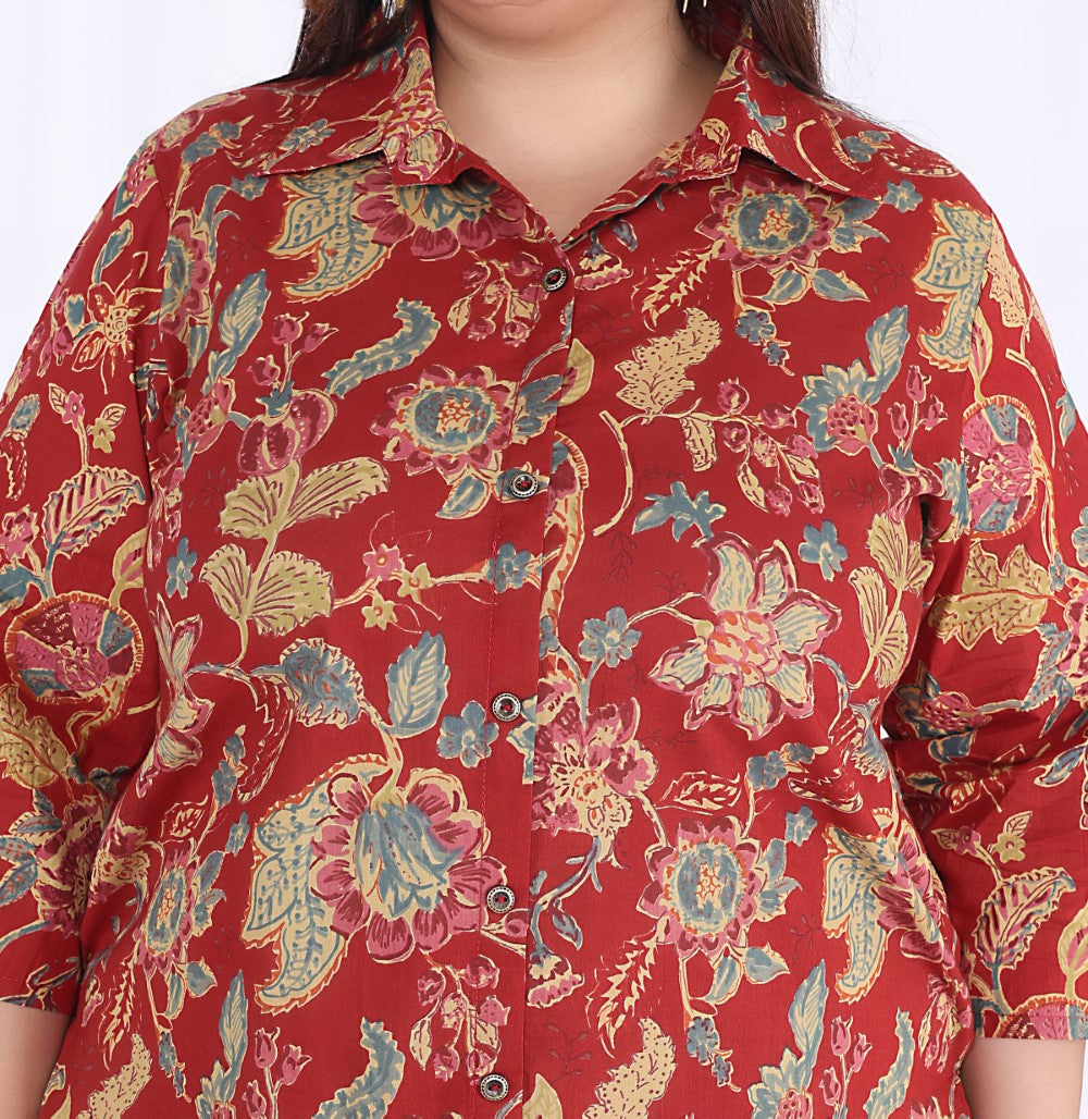 Plus Size Red Cotton Floral Print Co-ord Set -1200018