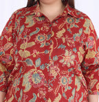 Plus Size Red Cotton Floral Print Co-ord Set -1200018