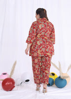 Plus Size Red Cotton Floral Print Co-ord Set -1200018