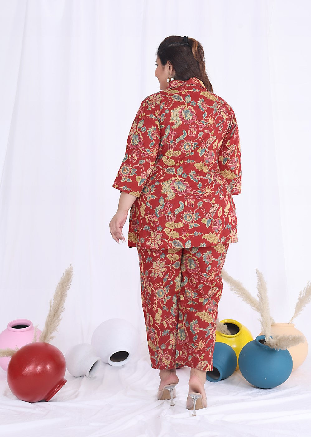 Plus Size Red Cotton Floral Print Co-ord Set -1200018