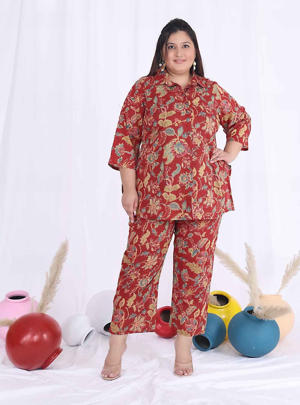 Plus Size Red Cotton Floral Print Co-ord Set -1200018 Main image