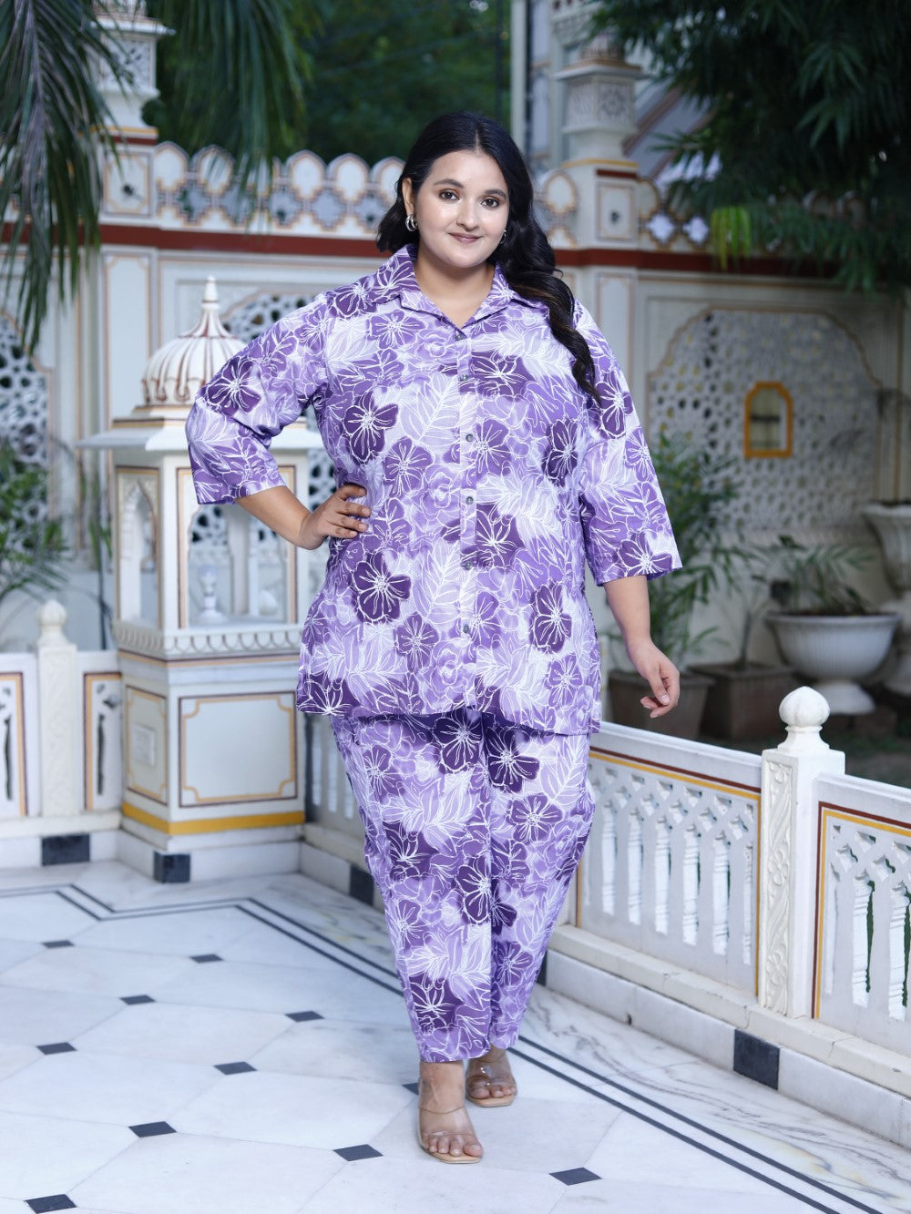 Plus Size Purple Cotton Floral Print Co-ord Set -1200019 Main image