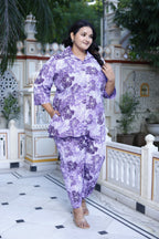 Plus Size Purple Cotton Floral Print Co-ord Set -1200019