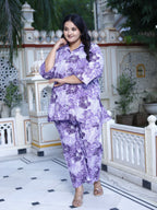 Plus Size Purple Cotton Floral Print Co-ord Set -1200019