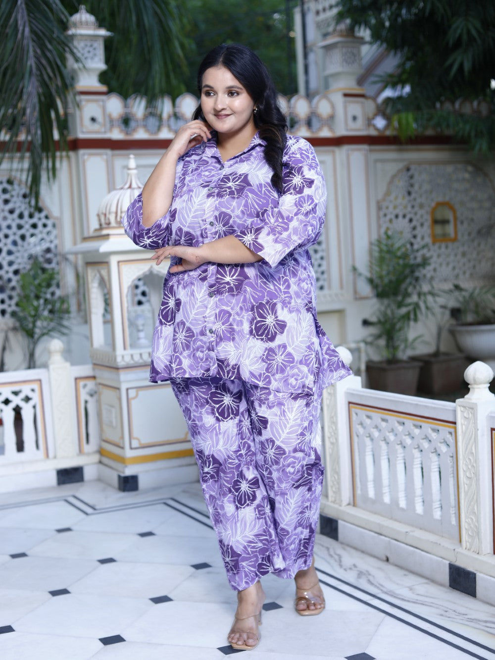 Plus Size Purple Cotton Floral Print Co-ord Set -1200019