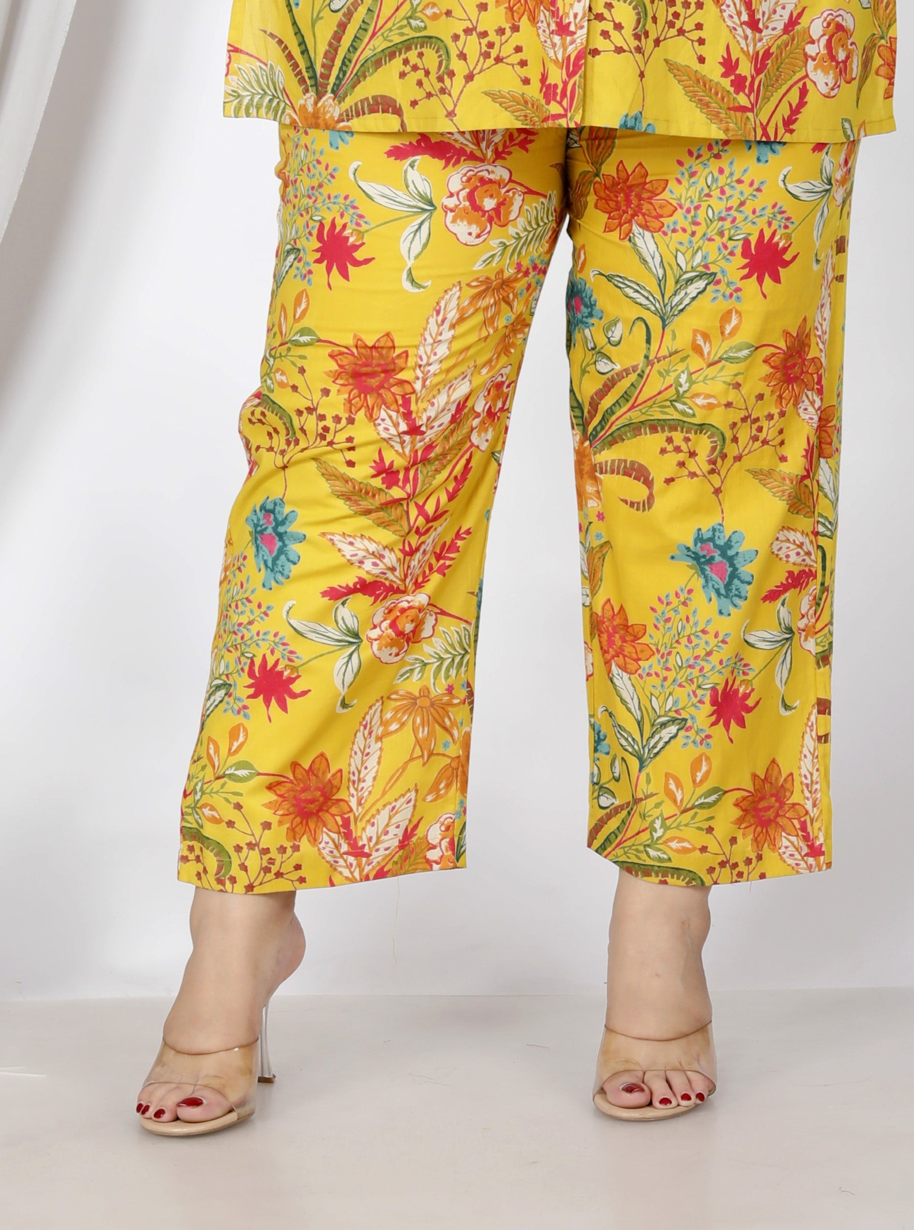 Plus Size Yellow Cotton Floral Print Co-ord Set -1200020