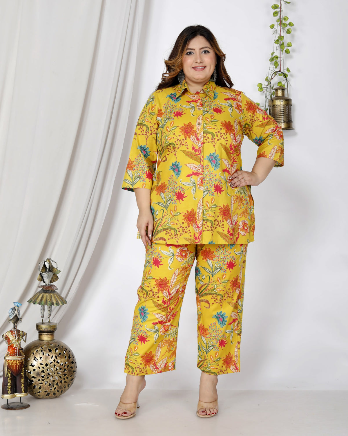 Plus Size Yellow Cotton Floral Print Co-ord Set -1200020