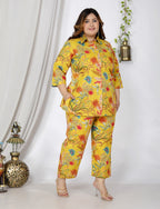 Plus Size Yellow Cotton Floral Print Co-ord Set -1200020