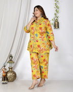 Plus Size Yellow Cotton Floral Print Co-ord Set -1200020