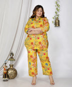 Plus Size Yellow Cotton Floral Print Co-ord Set -1200020