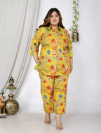 Plus Size Yellow Cotton Floral Print Co-ord Set -1200020