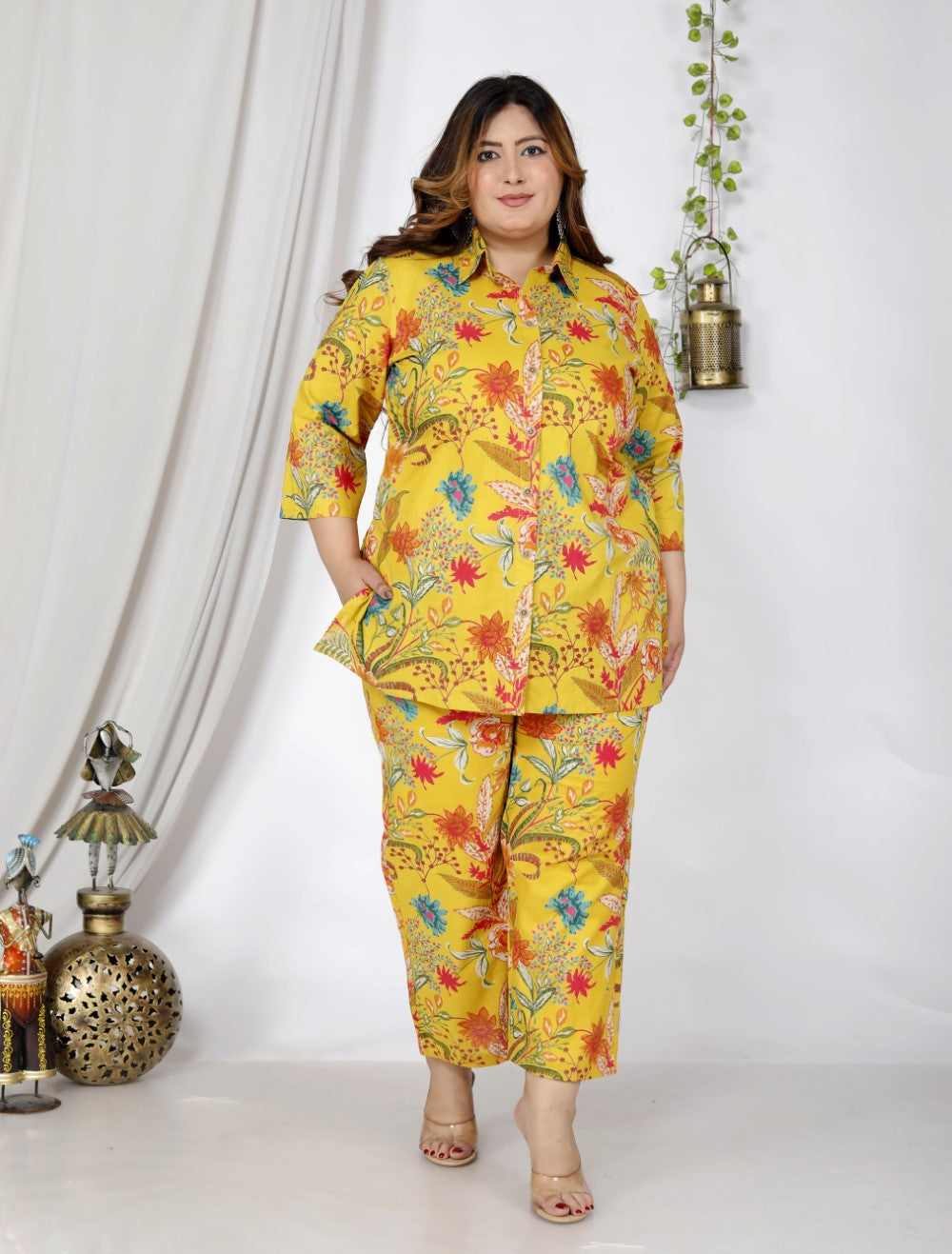 Plus Size Yellow Cotton Floral Print Co-ord Set -1200020