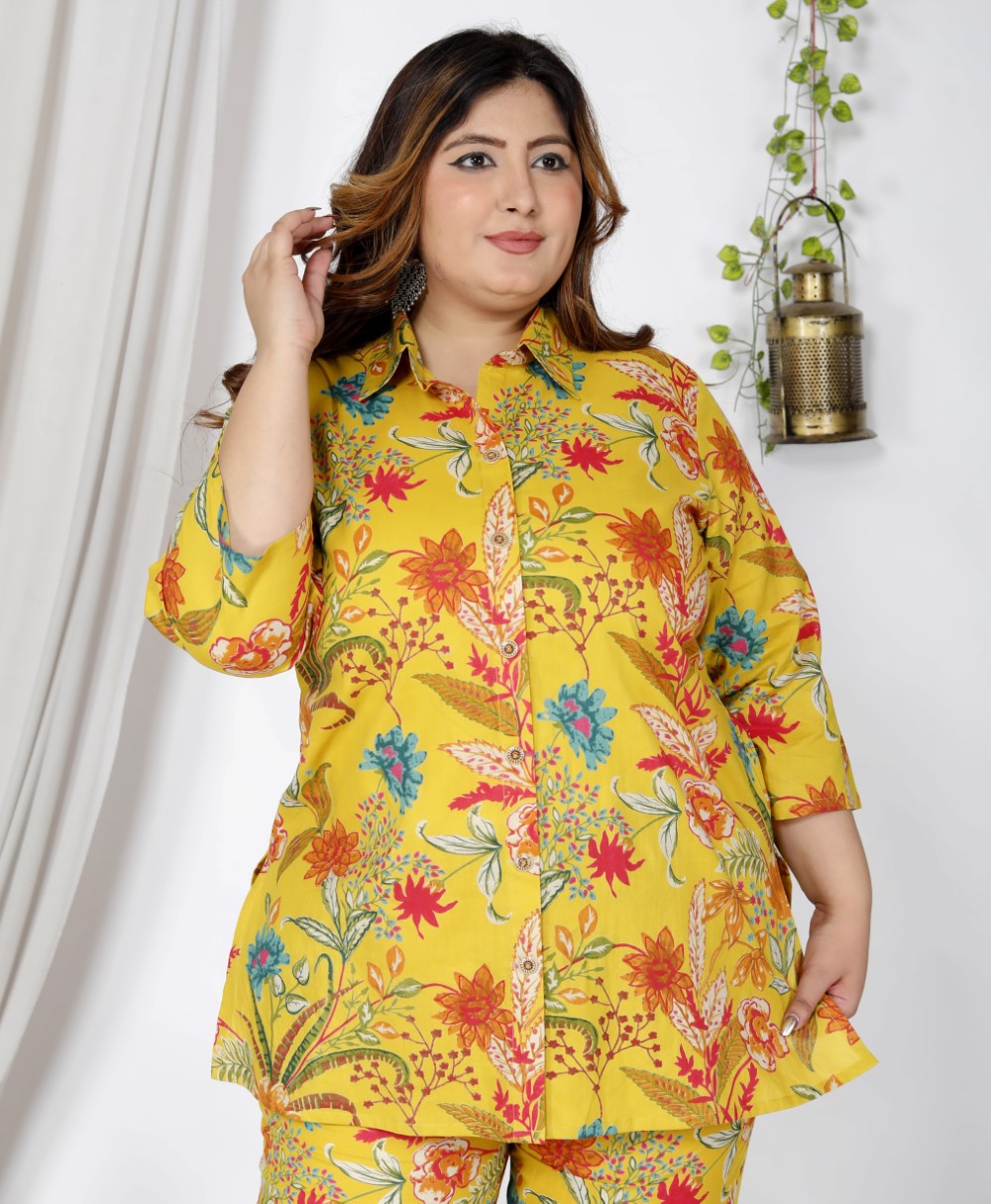 Plus Size Yellow Cotton Floral Print Co-ord Set -1200020