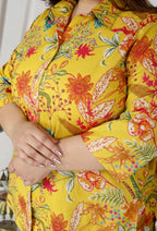 Plus Size Yellow Cotton Floral Print Co-ord Set -1200020