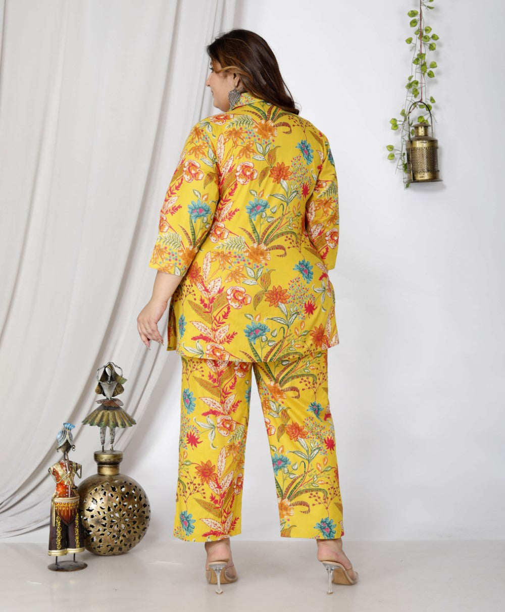 Plus Size Yellow Cotton Floral Print Co-ord Set -1200020
