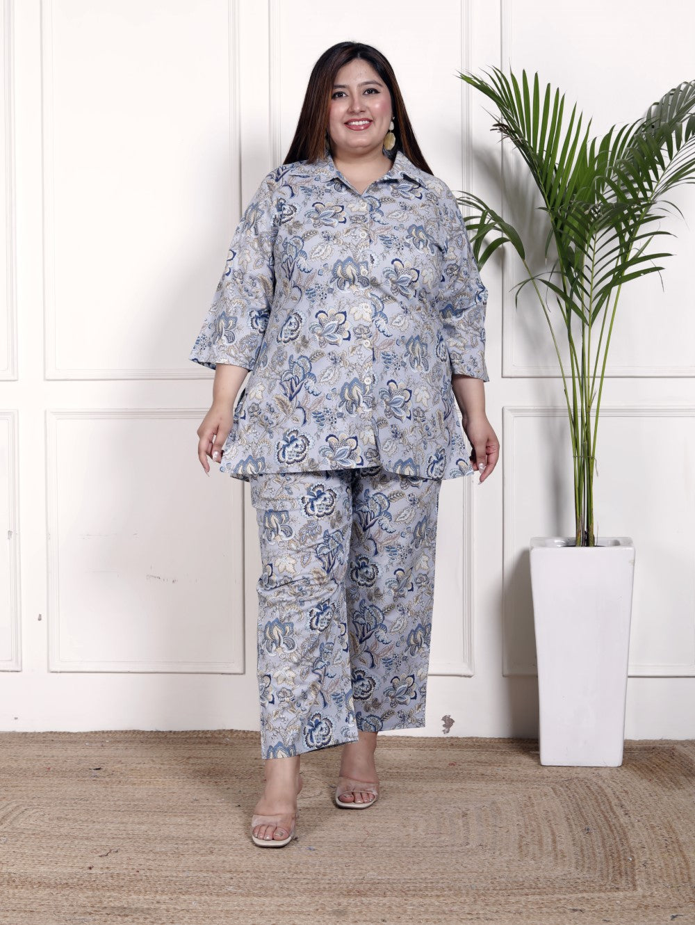Plus Size Grey Cotton Floral Print Co-ord Set -1200021