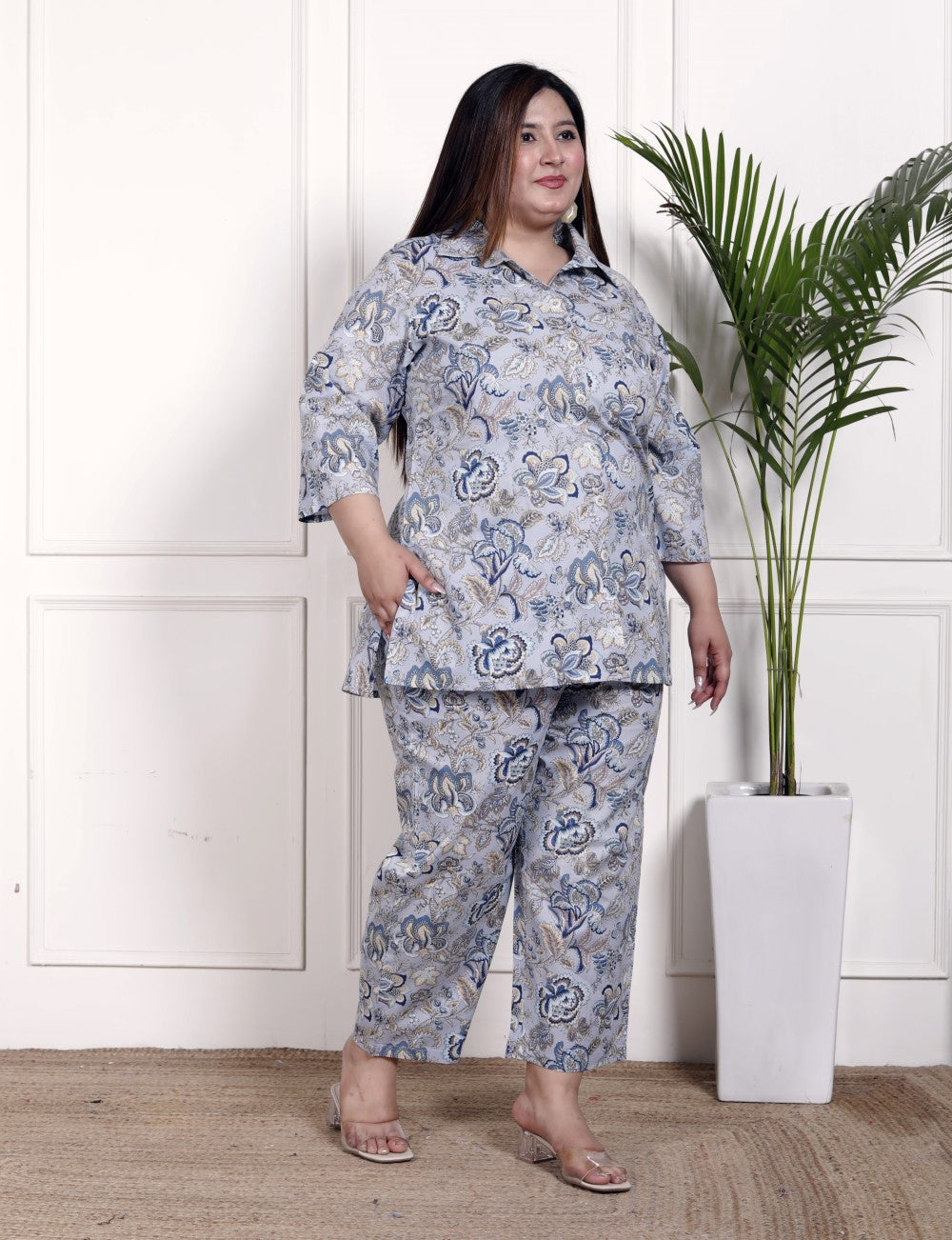 Plus Size Grey Cotton Floral Print Co-ord Set -1200021