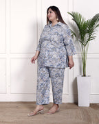 Plus Size Grey Cotton Floral Print Co-ord Set -1200021