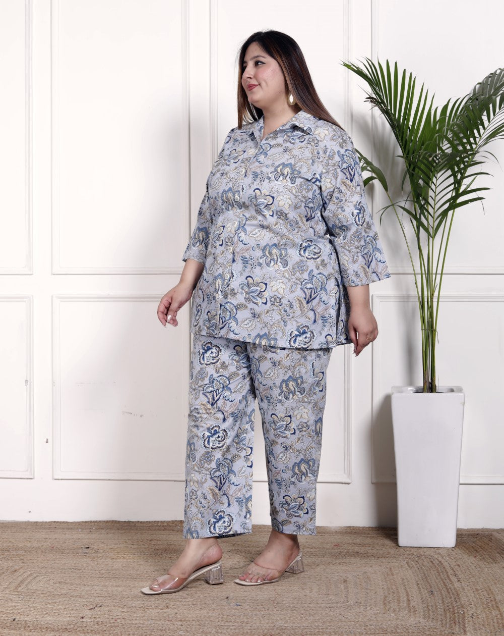 Plus Size Grey Cotton Floral Print Co-ord Set -1200021