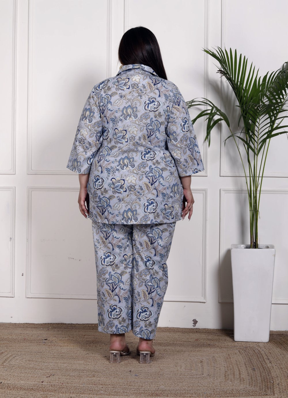 Plus Size Grey Cotton Floral Print Co-ord Set -1200021