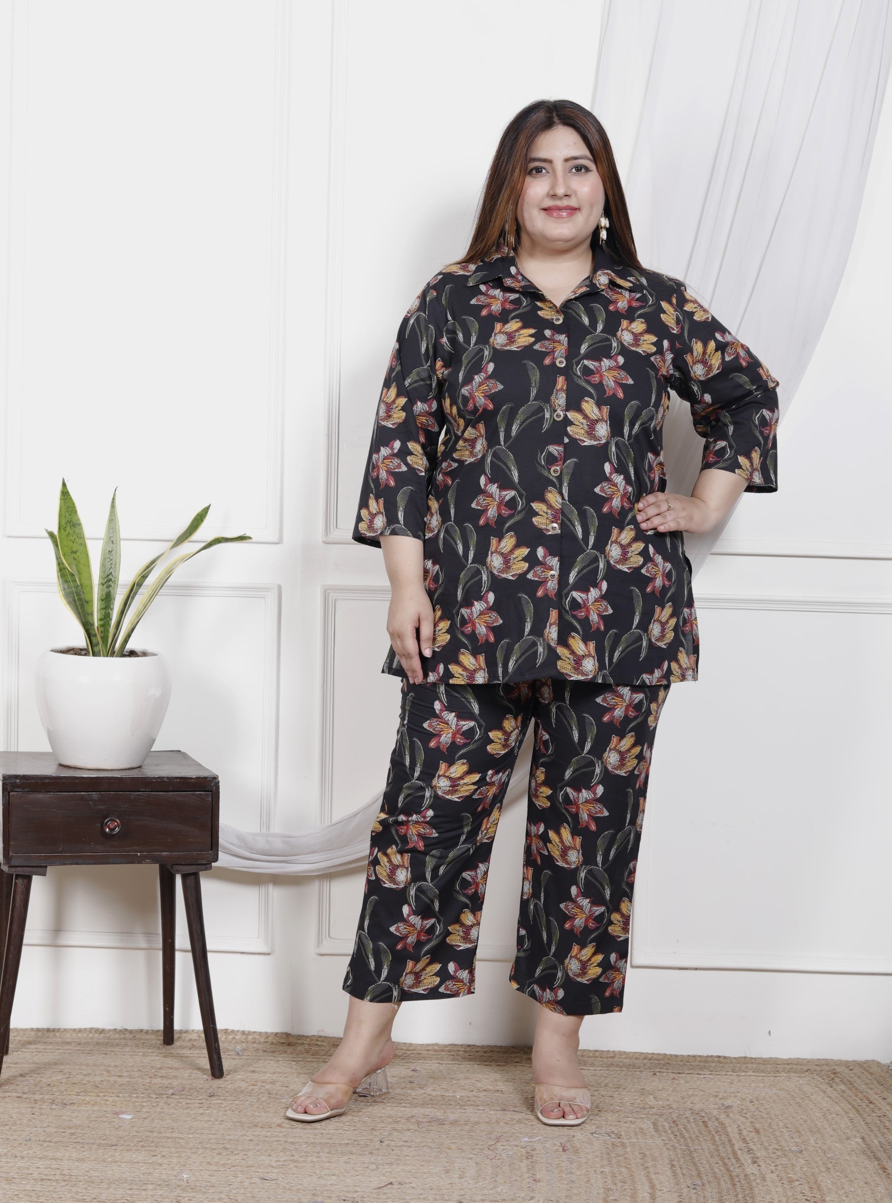 Plus Size Black Cotton Floral Print Co-ord Set -1200025