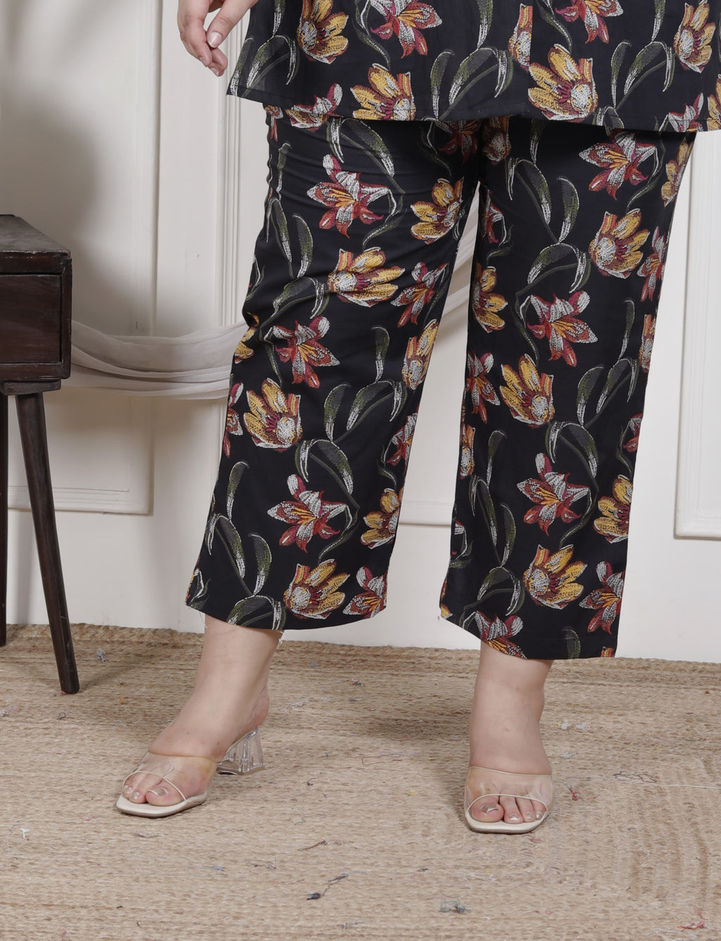 Plus Size Black Cotton Floral Print Co-ord Set -1200025