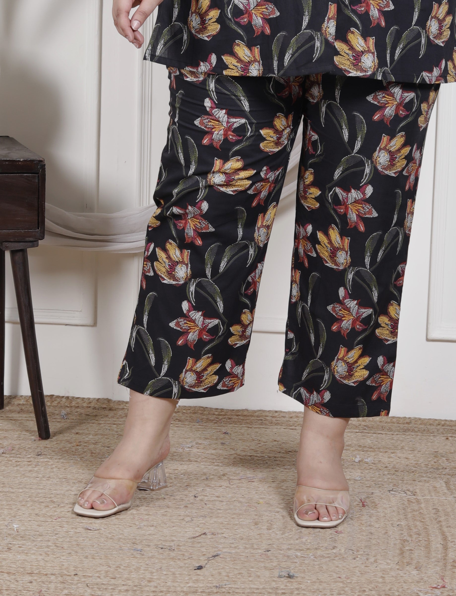 Plus Size Black Cotton Floral Print Co-ord Set -1200025