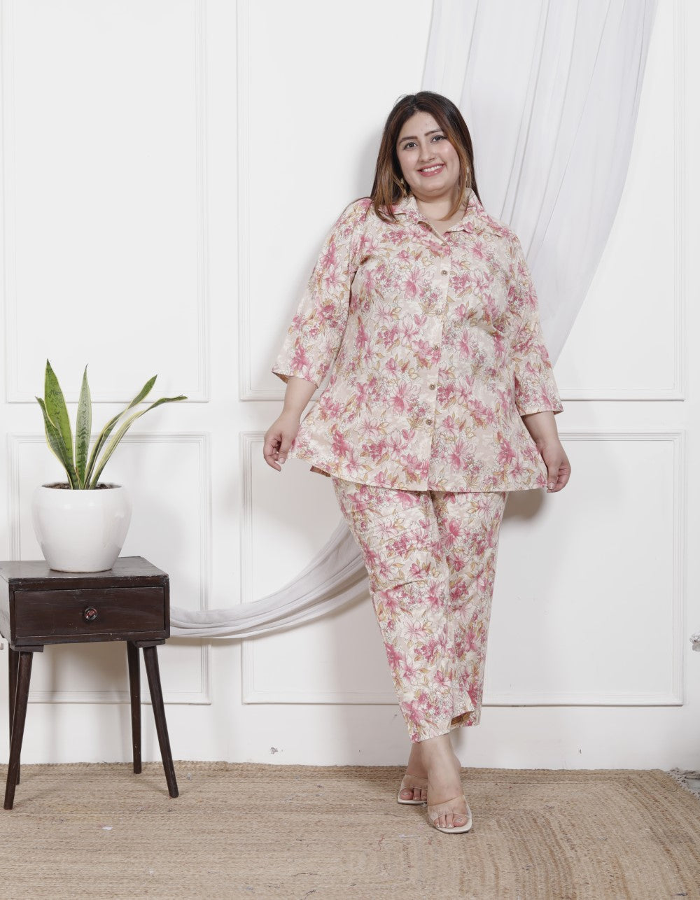 Plus Size Off White Cotton Floral Print Co-ord Set -1200026