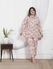 Plus Size Off White Cotton Floral Print Co-ord Set -1200026