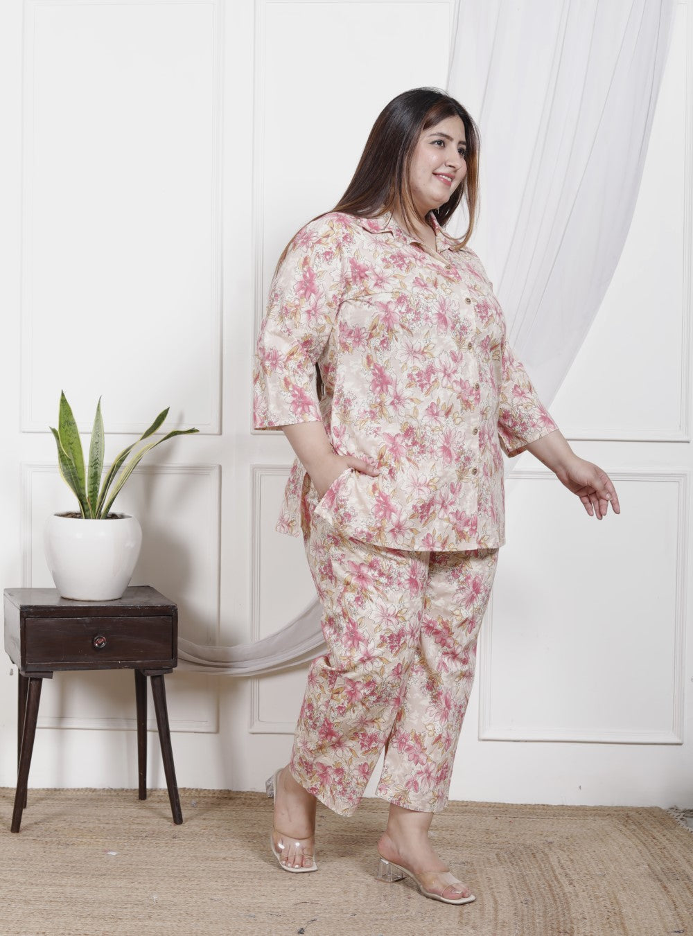 Plus Size Off White Cotton Floral Print Co-ord Set -1200026