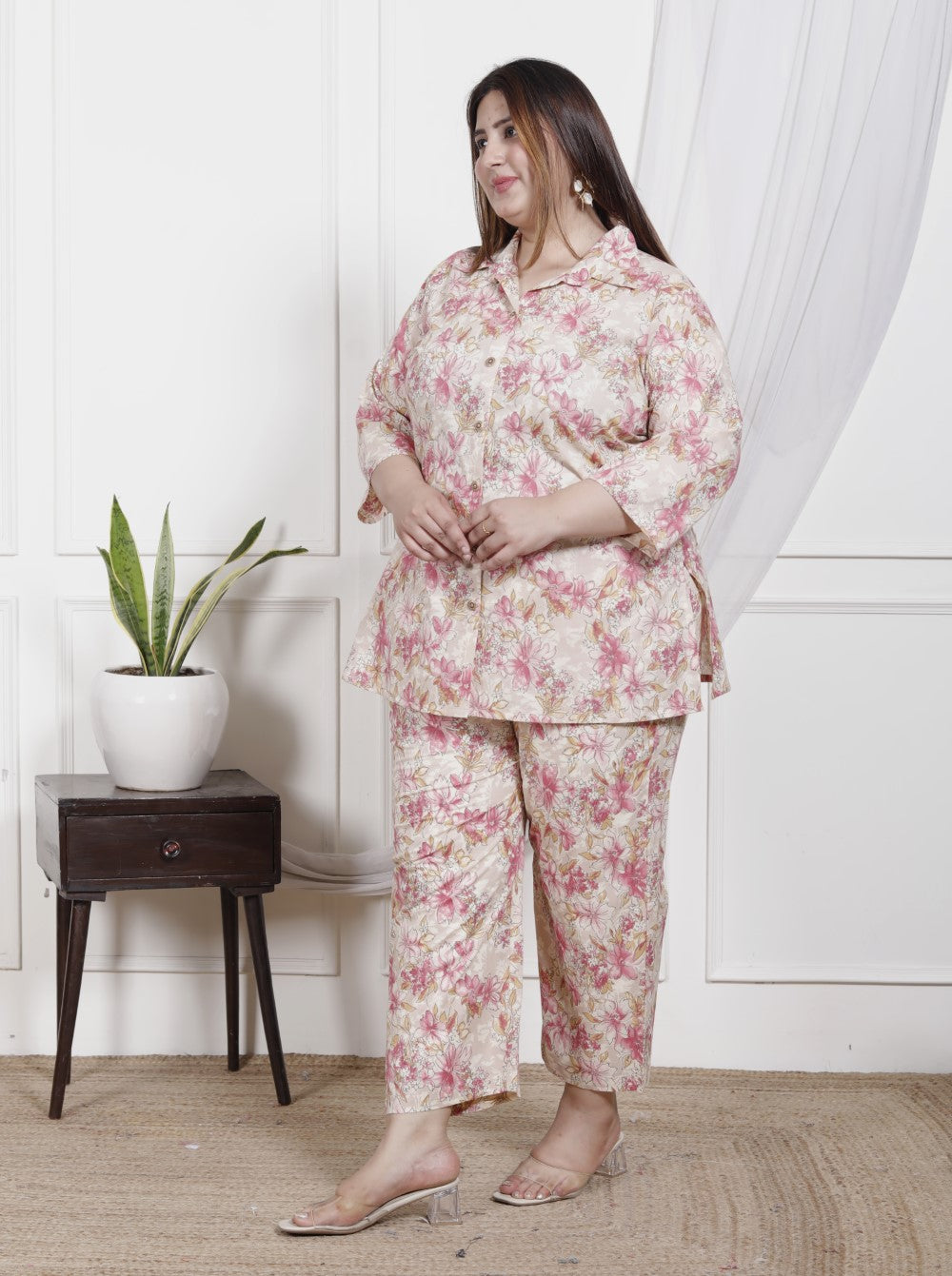 Plus Size Off White Cotton Floral Print Co-ord Set -1200026