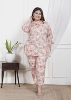Plus Size Off White Cotton Floral Print Co-ord Set -1200026