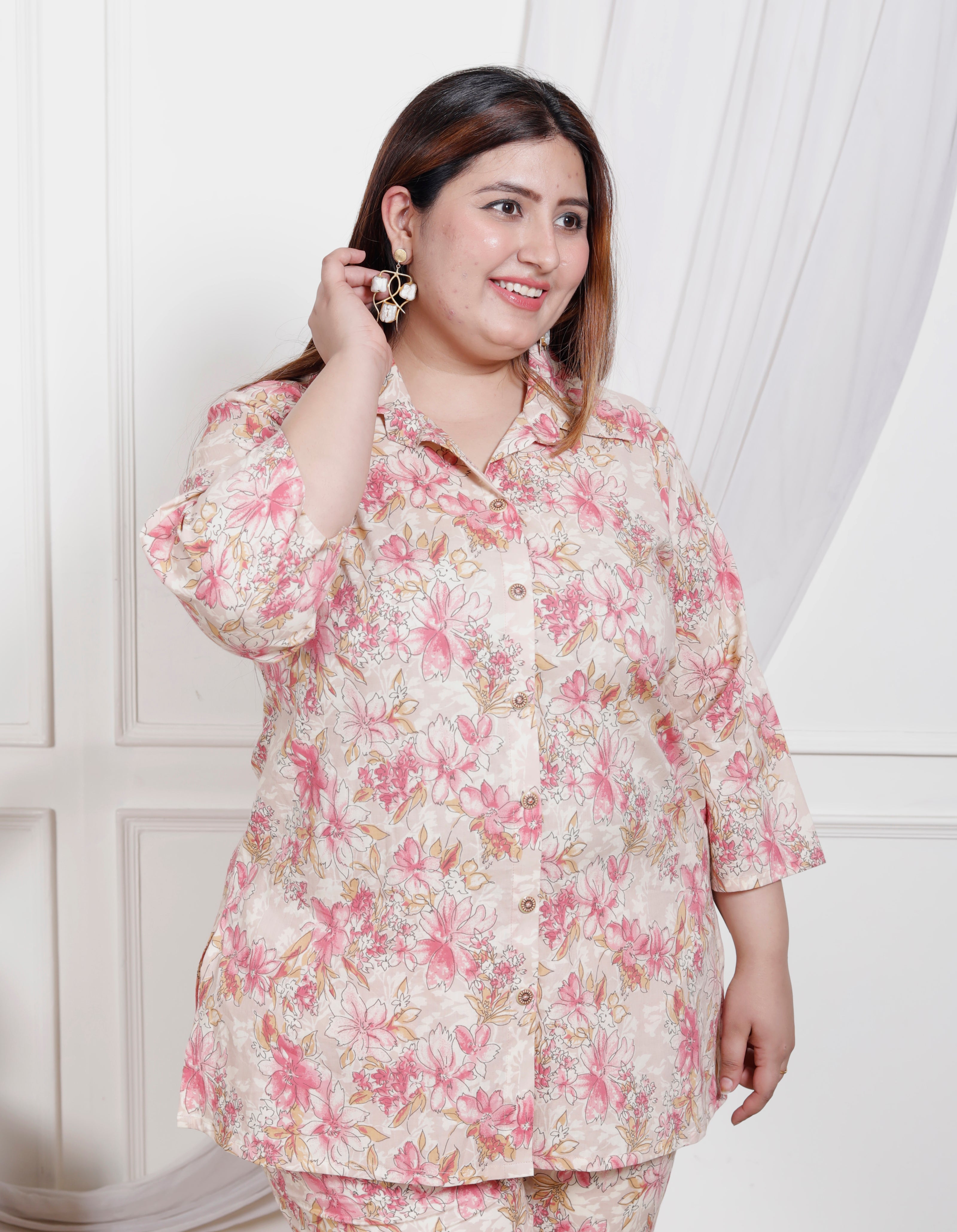 Plus Size Off White Cotton Floral Print Co-ord Set -1200026