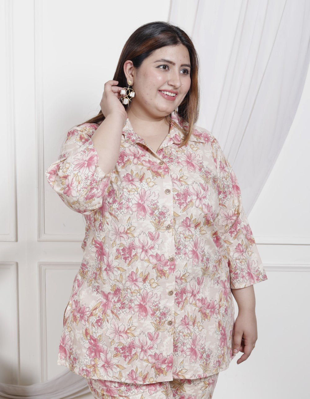Plus Size Off White Cotton Floral Print Co-ord Set -1200026