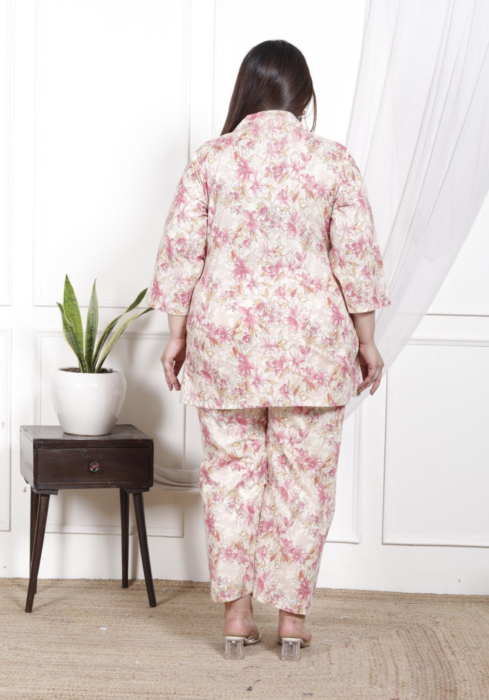 Plus Size Off White Cotton Floral Print Co-ord Set -1200026